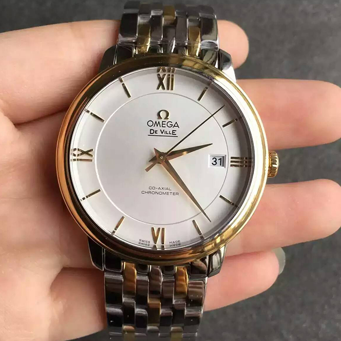 【MK超A】歐米茄（Omega）碟飛典雅系列超薄款間黃金鋼帶白面男士壹比壹精仿手錶
