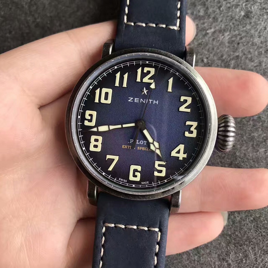 【XF廠】2017巴塞爾錶展新款40毫米真利時（Zenith）復古飛行員藍色壹比壹精仿手錶