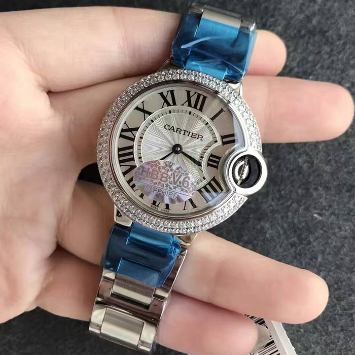 【V6廠】卡地亞（Cartier）大號藍氣球33毫米鉆圈石英款鋼帶W6920084女款精仿手錶