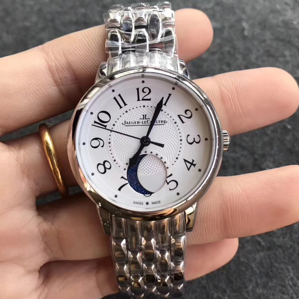 2017日內瓦錶展積家約會系列大月相白殼鋼帶女士精仿手錶