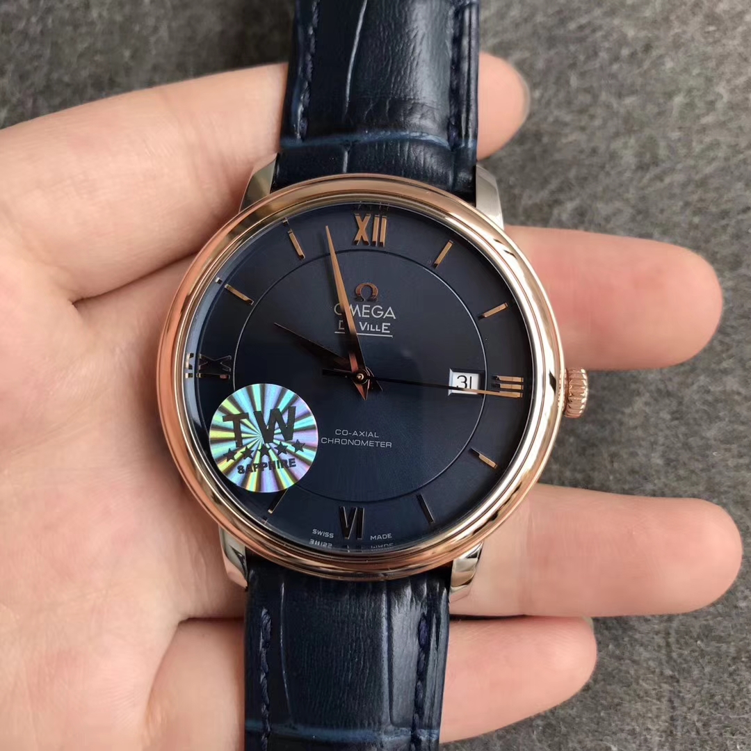 【TW廠】歐米茄碟飛典雅系列間金藍面皮帶版精仿手錶