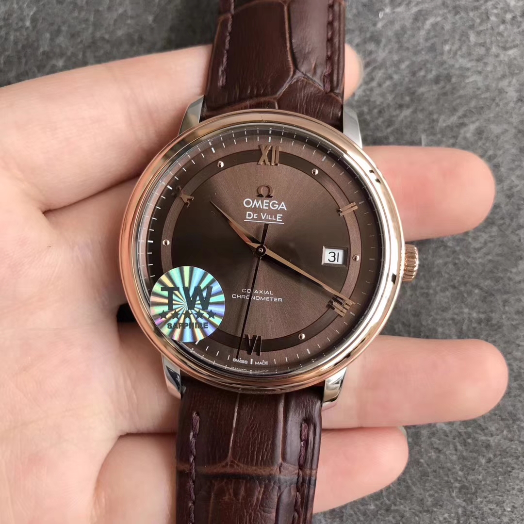 【TW廠】歐米茄碟飛典雅系列間金咖面皮帶版精仿手錶