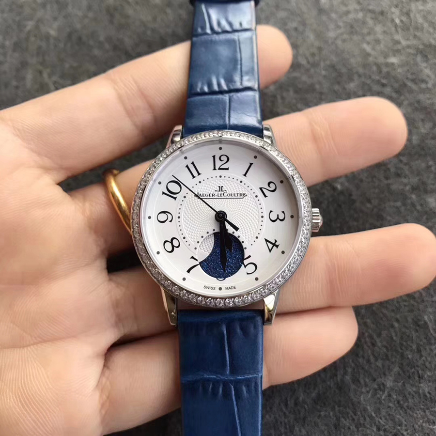 2017日內瓦錶展積家約會系列大月相鉆圈白殼皮帶女士精仿手錶