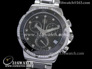 高仿豪雅TAGHeuer手表 一级方程式系列 陶瓷镶钻表框 黑色表盘 不锈钢-陶瓷表链 女士瑞士石英表 TAG0121